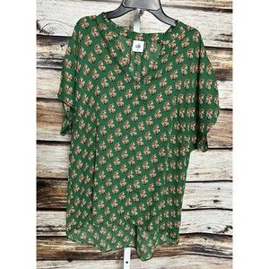 Cabi Womens Blouse Green Red Floral Short Sleeve Pullover Medium